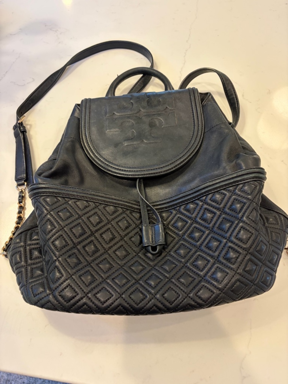 Tory Burch Black Quilted Logo Drawstring Backpack